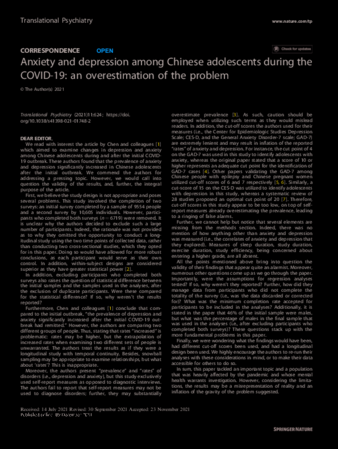 Anxiety and depression among Chinese adolescents during the COVID-19: an overestimation of the problem thumbnail