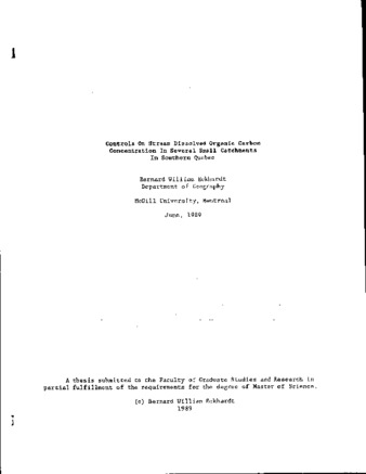Controls on stream dissolved organic carbon concentration in several small catchments in Southern Quebec thumbnail