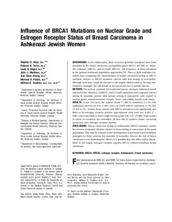 Inﬂuence of BRCA1 mutations on nuclear grade and estrogen receptor status of breast carcinoma in Ashkenazi Jewish women thumbnail