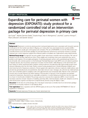 Expanding care for perinatal women with depression (EXPONATE): study protocol for a randomized controlled trial of an intervention package for perinatal depression in primary care thumbnail