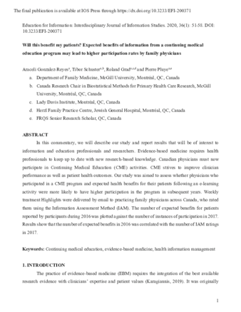 Will this benefit my patients? Expected benefits of information from a continuing medical education program may lead to higher participation rates by family physicians thumbnail