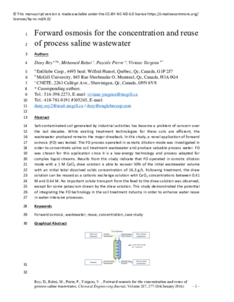 Forward osmosis for the concentration and reuse of process saline wastewater thumbnail