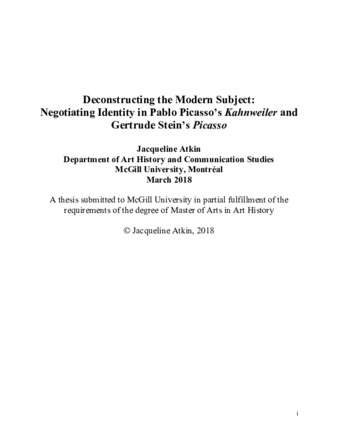 Deconstructing the modern subject: negotiating identity in Pablo Picasso's « Kahnweiler» and Gertrude Stein's «Picasso» thumbnail