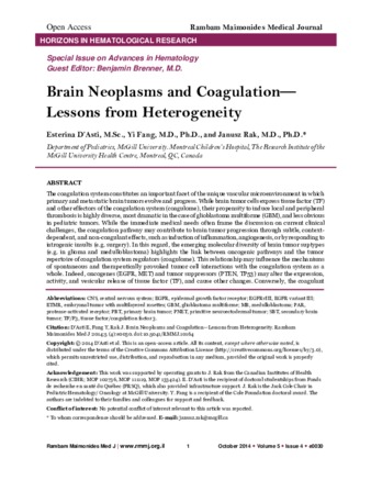 Brain Neoplasms and Coagulation—Lessons from Heterogeneity thumbnail