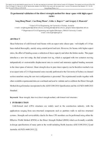 Experimental validation of the Direct Strength Method for shear spans with high aspect ratios thumbnail