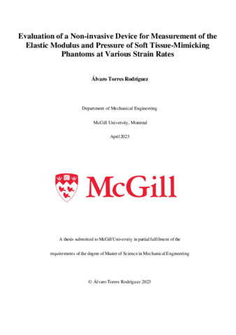 Evaluation of a non-invasive device for measurement of the elastic modulus and pressure of soft tissue-mimicking phantoms at various strain rates thumbnail