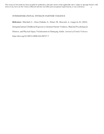 Intergenerational childhood exposure to intimate partner violence, maternal psychological distress, and physical injury victimization in emerging adults. thumbnail