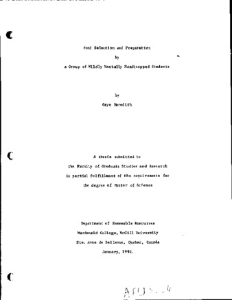 Food selection and preparation by a group of mildly mentally handicapped students thumbnail