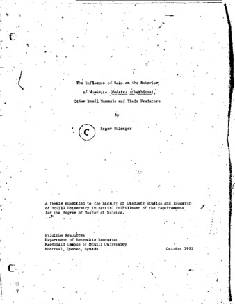 The influence of rain on the behavior of muskrats (Ondatra zibethicus), other small mammals and their predators. thumbnail