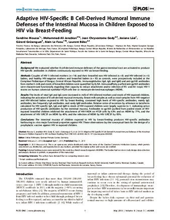 Adaptive HIV-Specific B Cell-Derived Humoral Immune Defenses of the Intestinal Mucosa in Children Exposed to HIV via Breast-Feeding thumbnail