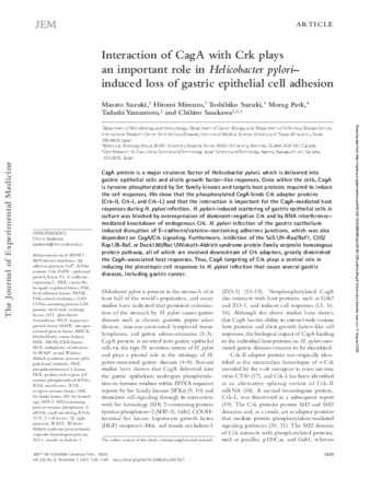 Interaction of CagA with Crk plays an important role in Helicobacter pylori–induced loss of gastric epithelial cell adhesion thumbnail