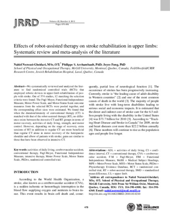 Effects of robot-assisted therapy on stroke rehabilitation in upper limbs: systematic review and meta-analysis of the literature thumbnail