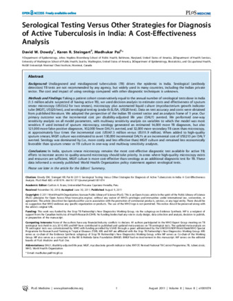 Serological Testing Versus Other Strategies for Diagnosis of Active Tuberculosis in India: A Cost-Effectiveness Analysis thumbnail