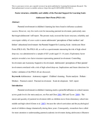 Factor structure, reliability and validity of the Parental Support for Learning Scale: Adolescent Short Form (PSLS-AS) thumbnail