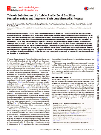 Triazole substitution of the pantetheinase-sensitive amide bond stabilizes pantothenamides and improves their antiplasmodial potency thumbnail