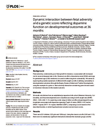 Dynamic interaction between fetal adversity and a genetic score reflecting dopamine function on developmental outcomes at 36 months thumbnail