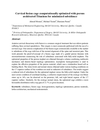 Cervical fusion cage computationally optimized with porous architected Titanium for minimized subsidence thumbnail