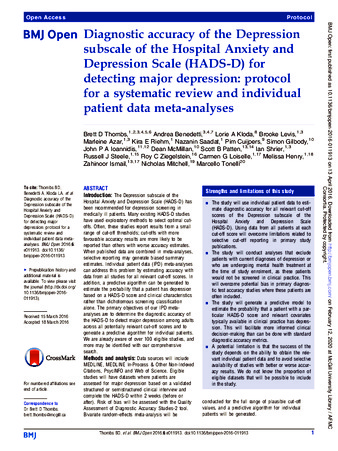 Diagnostic accuracy of the Depression subscale of the Hospital Anxiety and Depression Scale (HADS-D) for detecting major depression: protocol for a systematic review and individual patient data meta-analyses. thumbnail