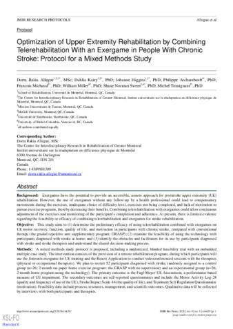 Optimization of Upper Extremity Rehabilitation by Combining Telerehabilitation With an Exergame in People With Chronic Stroke: Protocol for a Mixed Methods Study thumbnail