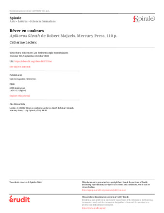 Rêver en couleurs / Apikoros Sleuth de Robert Majzels thumbnail