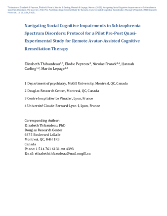 Navigating Social Cognitive Impairments in Schizophrenia Spectrum Disorders: Protocol for a Pilot Pre-Post Quasi- Experimental Study for Remote Avatar-Assisted Cognitive Remediation Therapy thumbnail