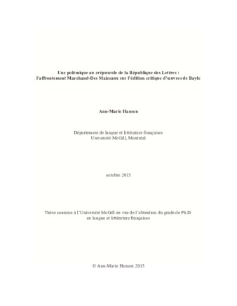 Une polémique au crépuscule de la République des Lettres : l'affrontement Marchand-Des Maizeaux sur l'édition critique d'oeuvres de Bayle thumbnail