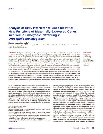 Analysis of RNA Interference Lines Identifies New Functions of Maternally-Expressed Genes Involved in Embryonic Patterning in Drosophila melanogaster thumbnail