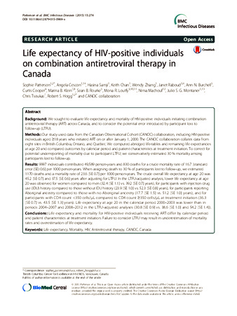 Life expectancy of HIV-positive individuals on combination antiretroviral therapy in Canada thumbnail