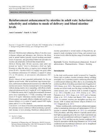 Reinforcement enhancement by nicotine in adult rats: behavioral selectivity and relation to mode of delivery and blood nicotine levels thumbnail