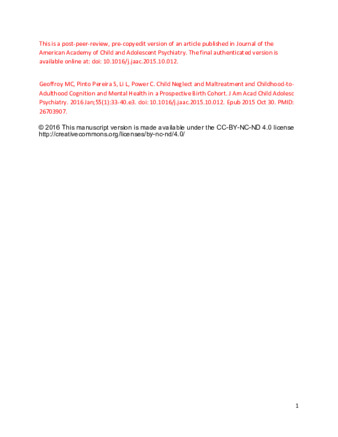 Child neglect and maltreatment and child-to-adulthood cognition and mental health in a prospective birth cohort thumbnail