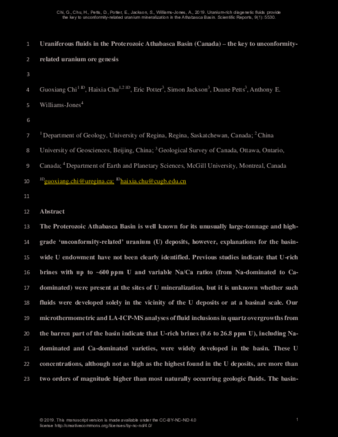 Uraniferous fluids in the Proterozoic Athabasca Basin (Canada) – the key to unconformity2 related uranium ore genesis thumbnail