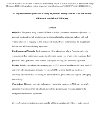 A Longitudinal Investigation of University Adjustment Among Students With and Without a History of Non-Suicidal Self-Injury thumbnail