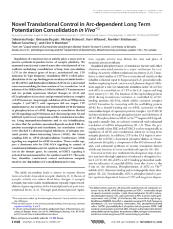 Novel Translational Control in Arc-dependent Long Term Potentiation Consolidation in Vivo thumbnail