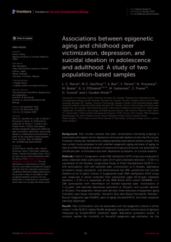 Associations between epigenetic aging and childhood peer victimization, depression, and suicidal ideation in adolescence and adulthood: A study of two population-based samples thumbnail