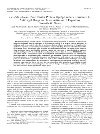 Candida albicans zinc cluster protein Upc2p confers resistance to antifungal drugs and is an activator of ergosterol biosynthetic genes thumbnail