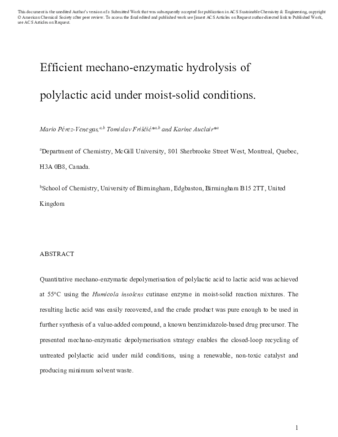 Efficient mechano-enzymatic hydrolysis of  polylactic acid under moist-solid conditions. thumbnail