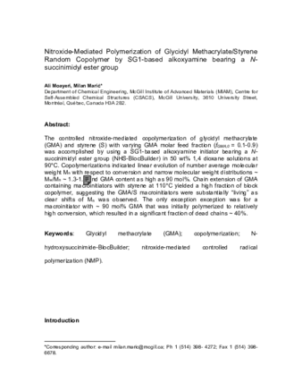 Nitroxide-Mediated Polymerization of Glycidyl Methacrylate/Styrene Random Copolymer by SG1-based alkoxyamine bearing a N-succinimidyl ester group thumbnail