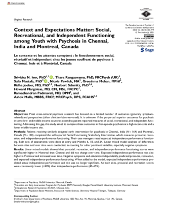 Context and Expectations Matter: Social, Recreational, and Independent Functioning among Youth with Psychosis in Chennai, India and Montreal, Canada thumbnail