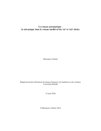 Le roman automatique: réflexion sur la mécanique dans les romans des XIIe et XIIIe siècles thumbnail