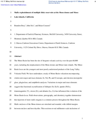 Mafic replenishment of multiple felsic reservoirs at the Mono domes and Mono Lake islands, California thumbnail