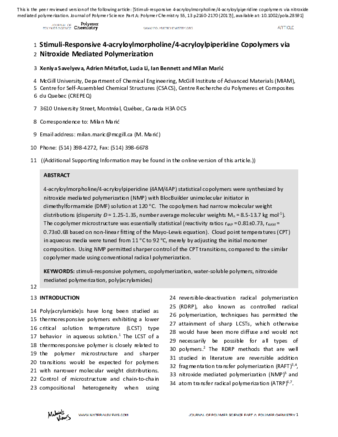 Stimuli-responsive 4-acryloylmorpholine/4-acryloylpiperidine copolymers via nitroxide mediated polymerization thumbnail