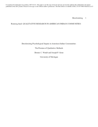 Decolonizing Psychological Inquiry in American Indian Communities: The Promise of Qualitative Methods thumbnail