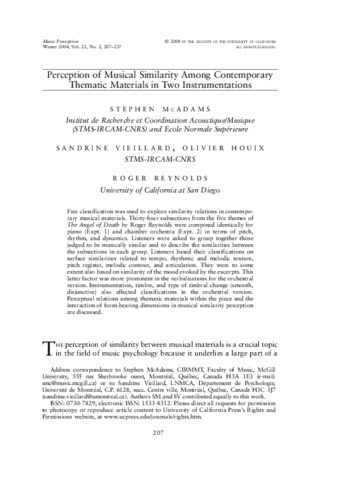 Perception of musical similarity among contemporary thematic materials in two instrumentations thumbnail