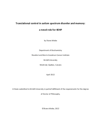 Translational control in autism spectrum disorder and memory: a novel role for 4EHP thumbnail