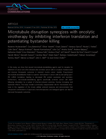 Microtubule disruption synergizes with oncolytic virotherapy by inhibiting interferon translation and potentiating bystander killing thumbnail