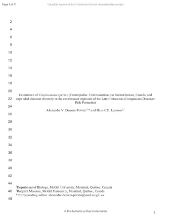 Occurrence of Centrosaurus apertus (Ceratopsidae: Centrosaurinae) in Saskatchewan, Canada, and expanded dinosaur diversity in the easternmost exposure of the Late Cretaceous (Campanian) Dinosaur Park Formation thumbnail