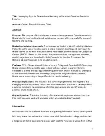 Leveraging apps for research and learning: A survey of Canadian academic libraries thumbnail