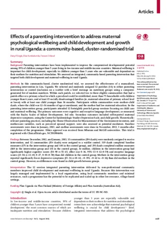 Effects of a parenting intervention to address maternal psychological wellbeing and child development and growth in rural Uganda: a community-based, cluster-randomised trial thumbnail