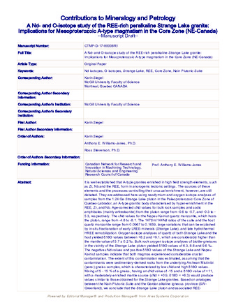 A Nd- and O-isotope study of the REE-rich peralkaline Strange Lake granite: implications for Mesoproterozoic A-type magmatism in the Core Zone (NE-Canada) thumbnail