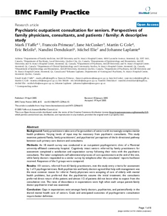 Psychiatric outpatient consultation for seniors. Perspectives of family physicians, consultants, and patients / family: A descriptive study thumbnail